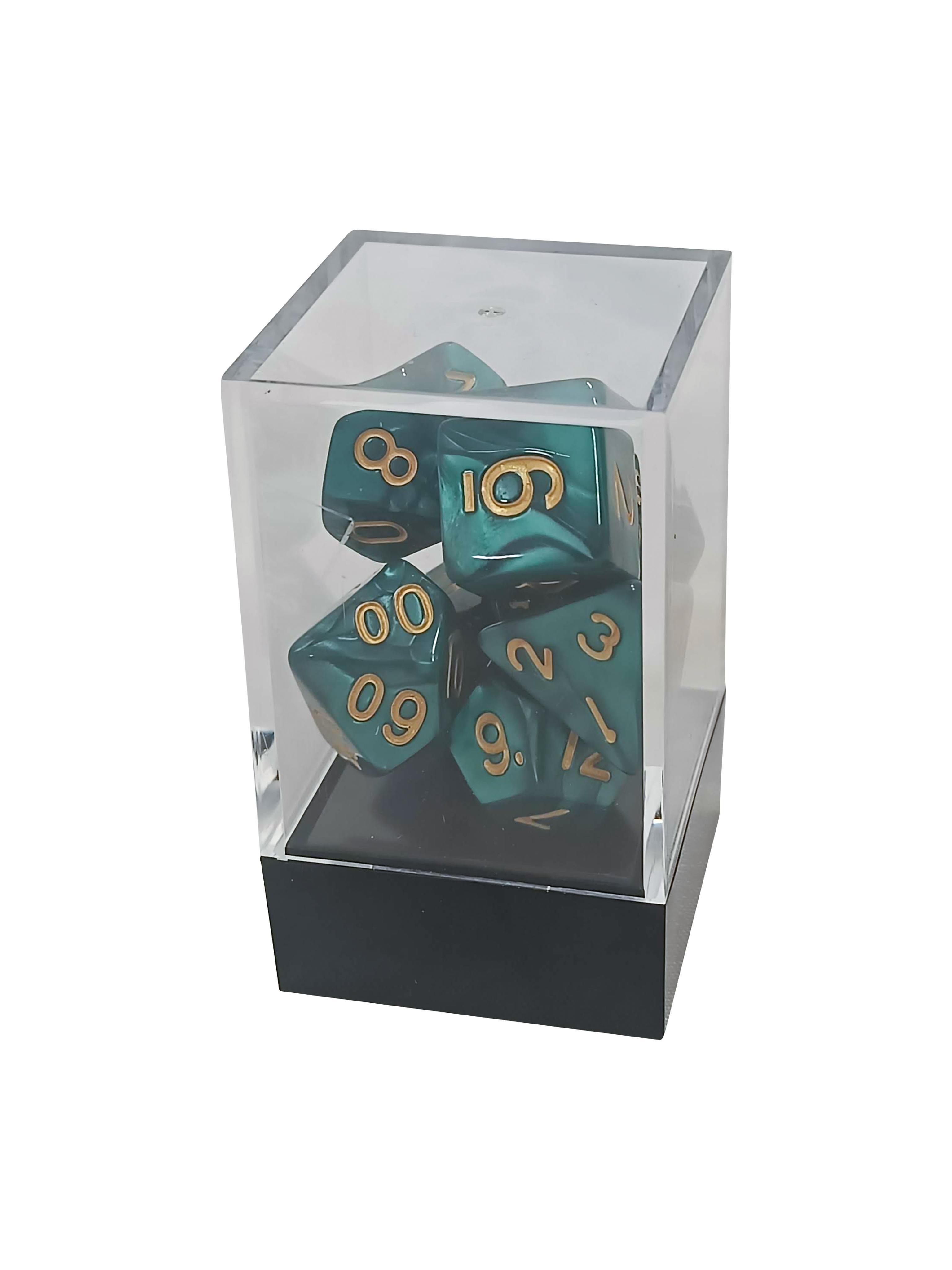 Green Pearl Dice Polyhedral Set with Golden Numbers - Gifts for Geeks Leicester