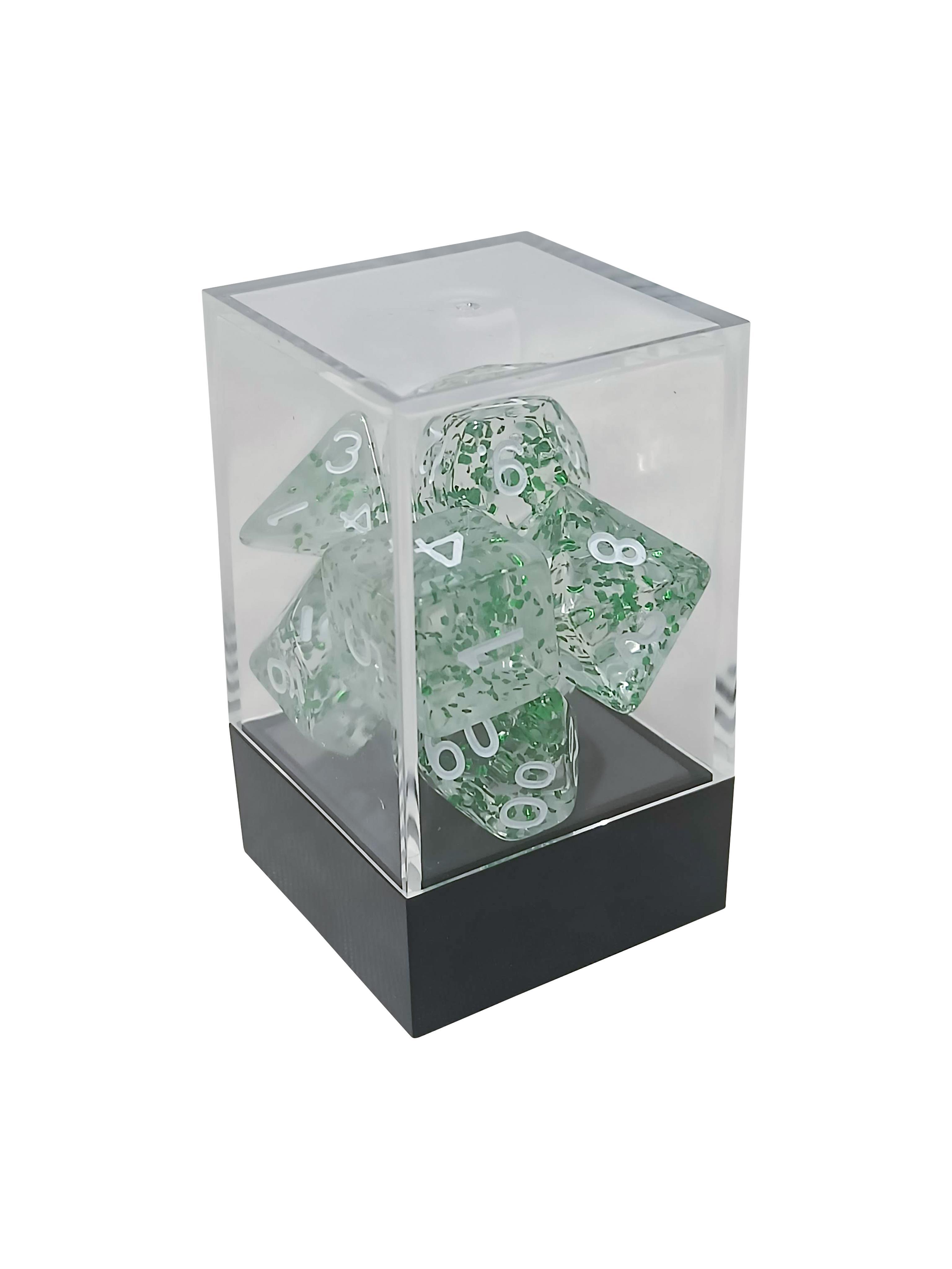 Transparent Speckled Green Polyhedral Dice Set with White Numbers thumbnail