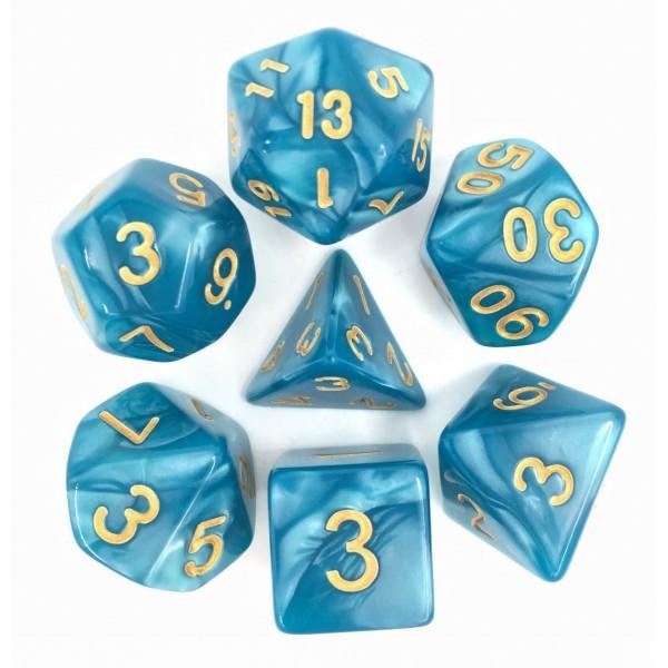 Lake Blue (Golden Font) Pearl Dice Set - Gifts for Geeks Leicester