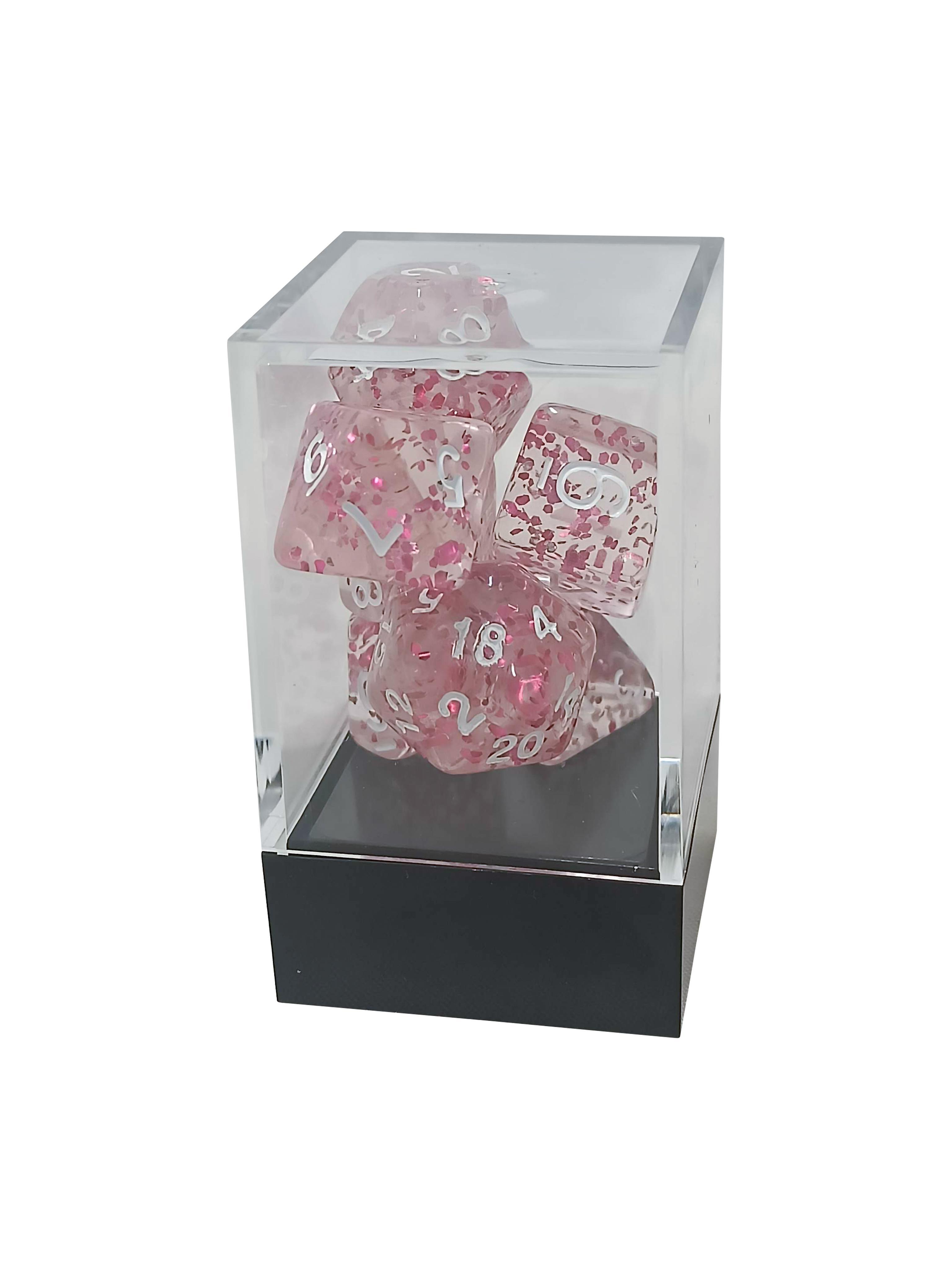 Transparent Speckled Rosebloom Pink Polyhedral Dice Set with White Numbers - Gifts for Geeks Leicester