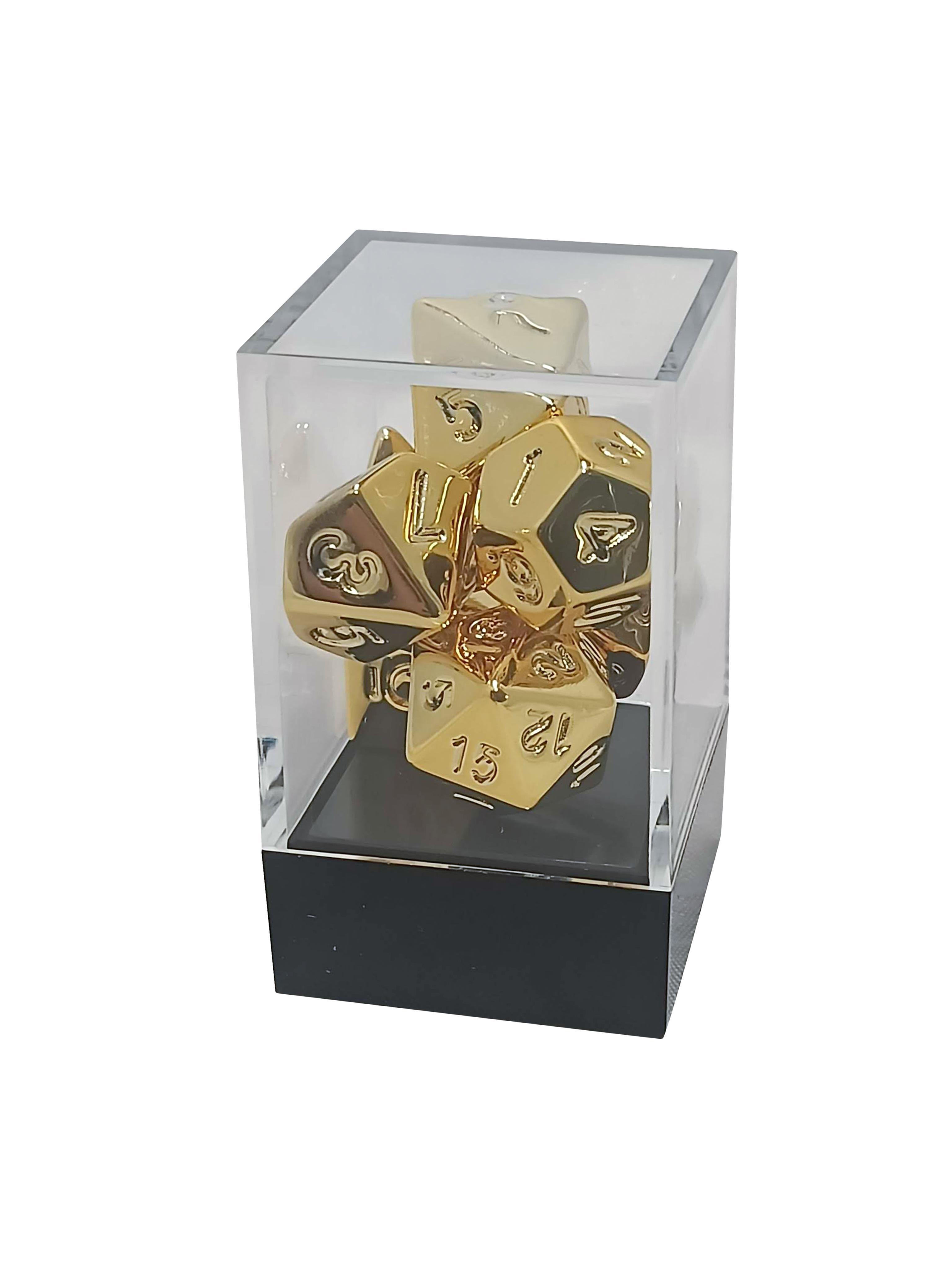 Gold Metalic Polyhedral Dice Set & Acrylic Storage Box - Gifts for Geeks Leicester