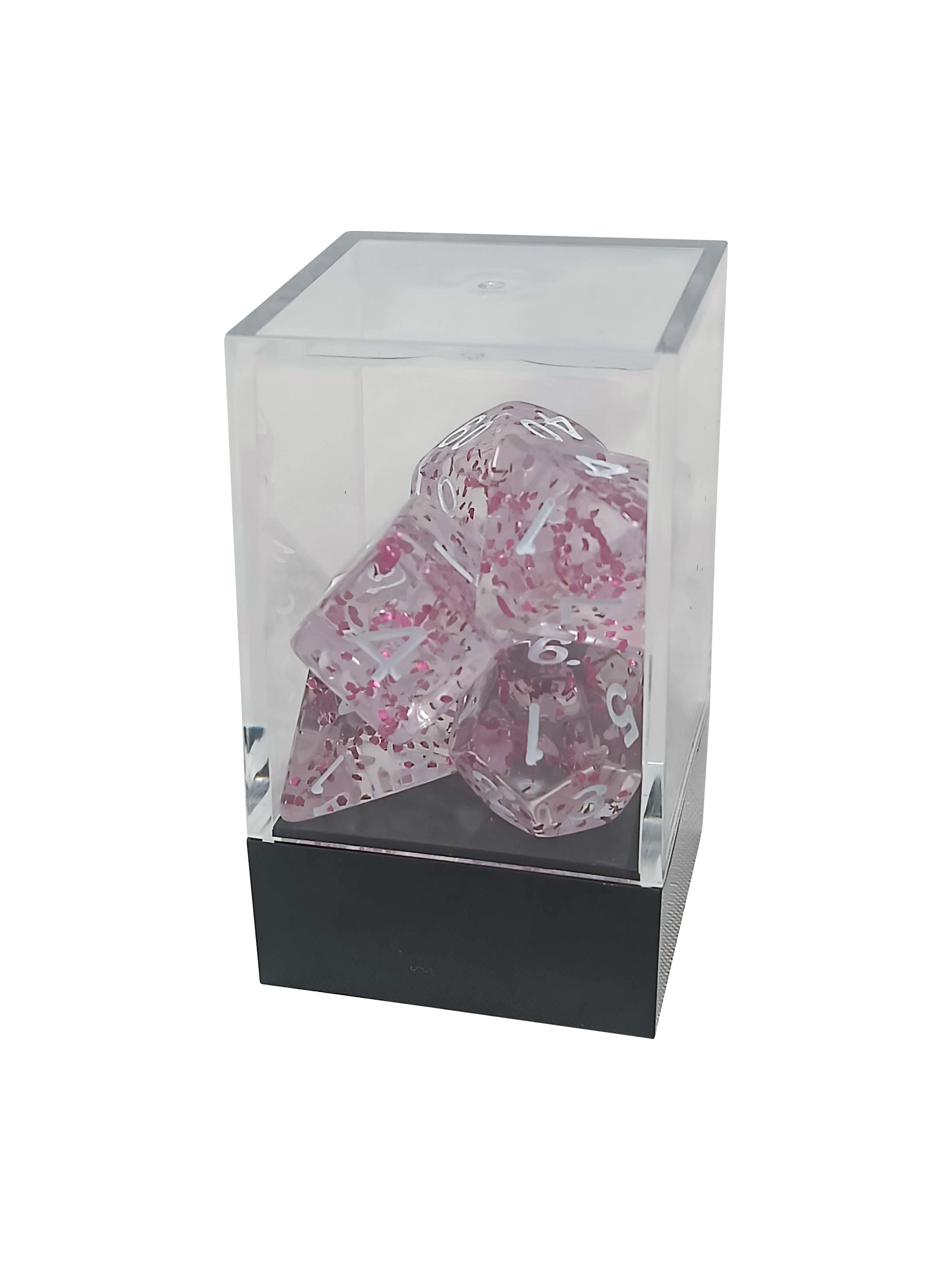 Transparent Speckled Light Pink Polyhedral Dice Set with White Numbers - Gifts for Geeks Leicester