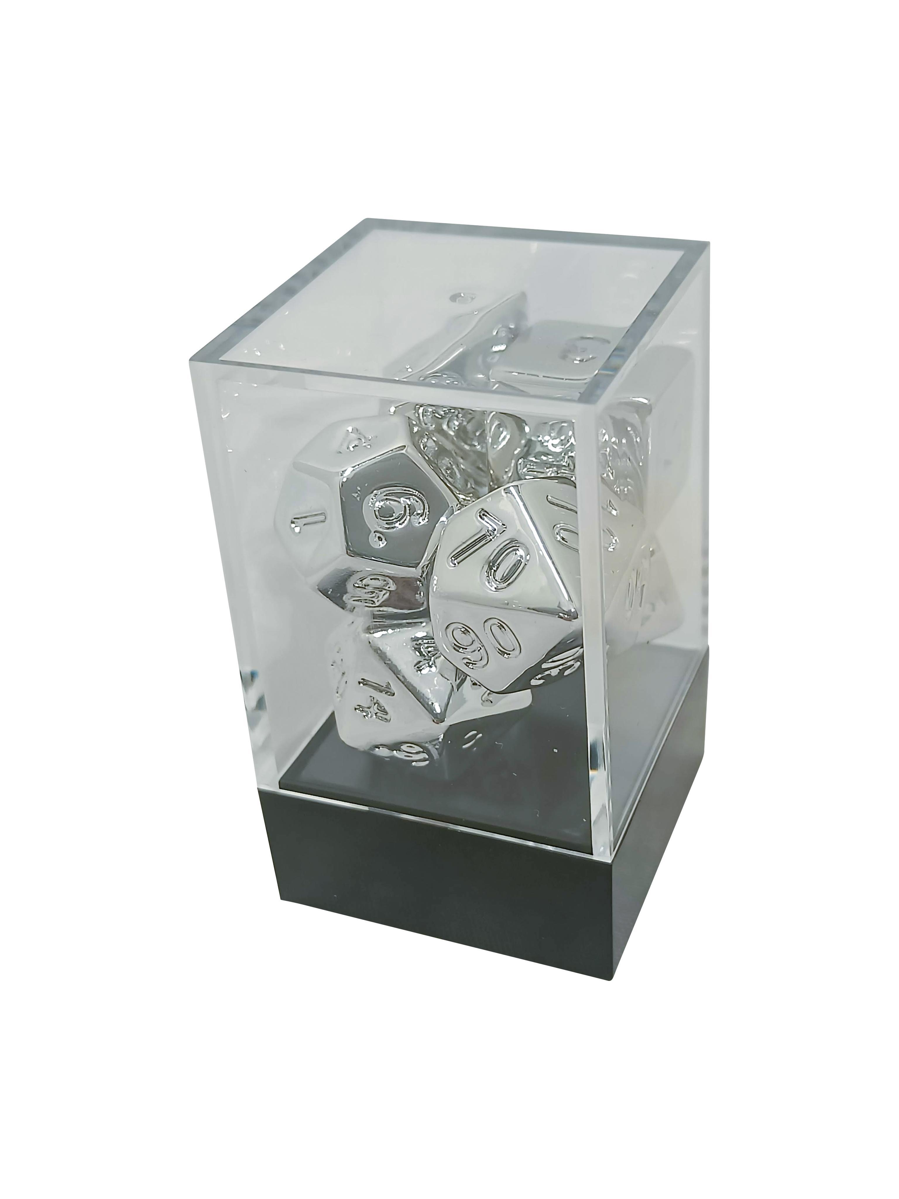 Silver Metalic Polyhedral Dice Set & Acrylic Storage Box - Gifts for Geeks Leicester