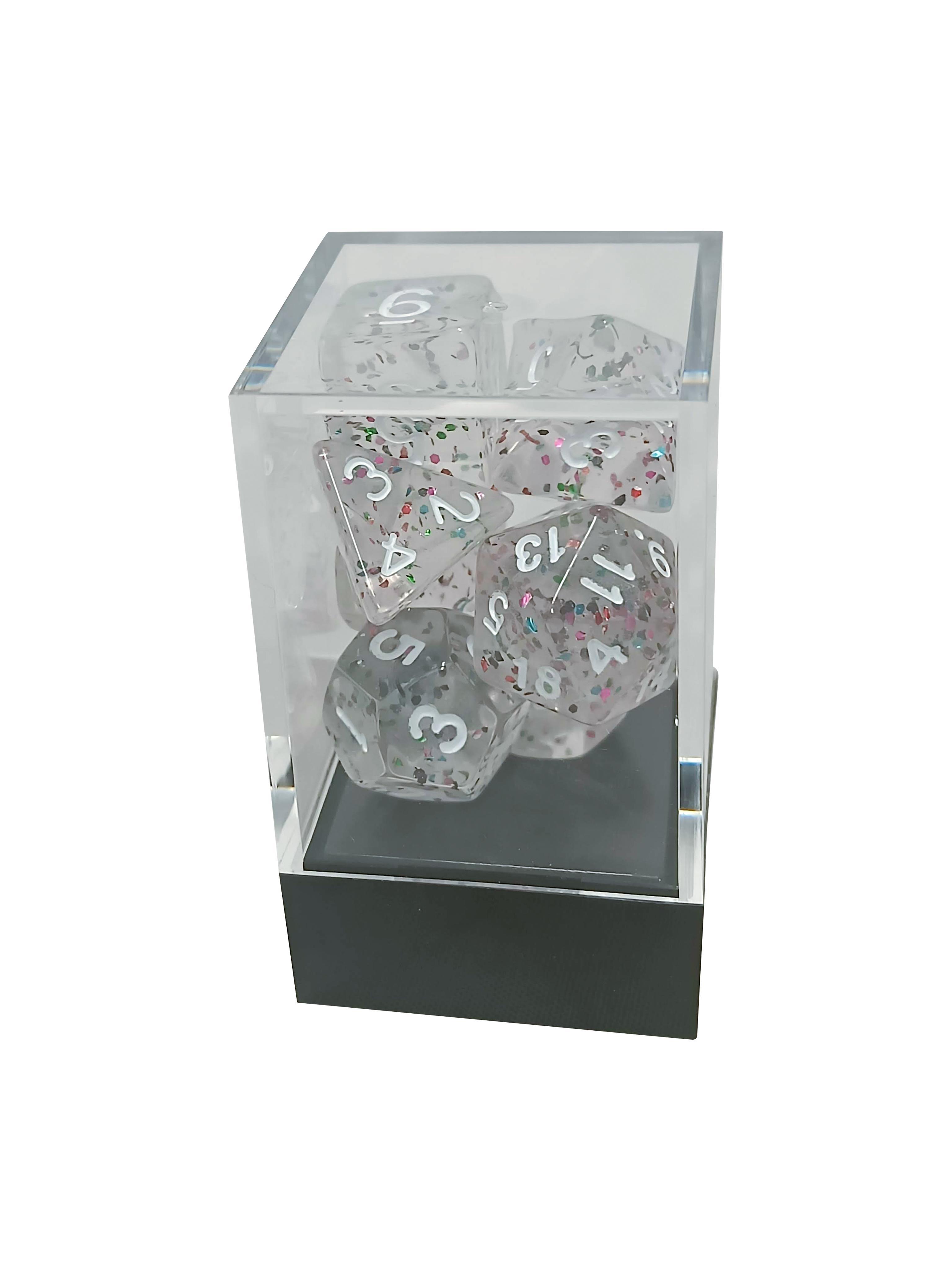 Transparent Speckled Rainbow Polyhedral Dice Set with White Numbers - Gifts for Geeks Leicester