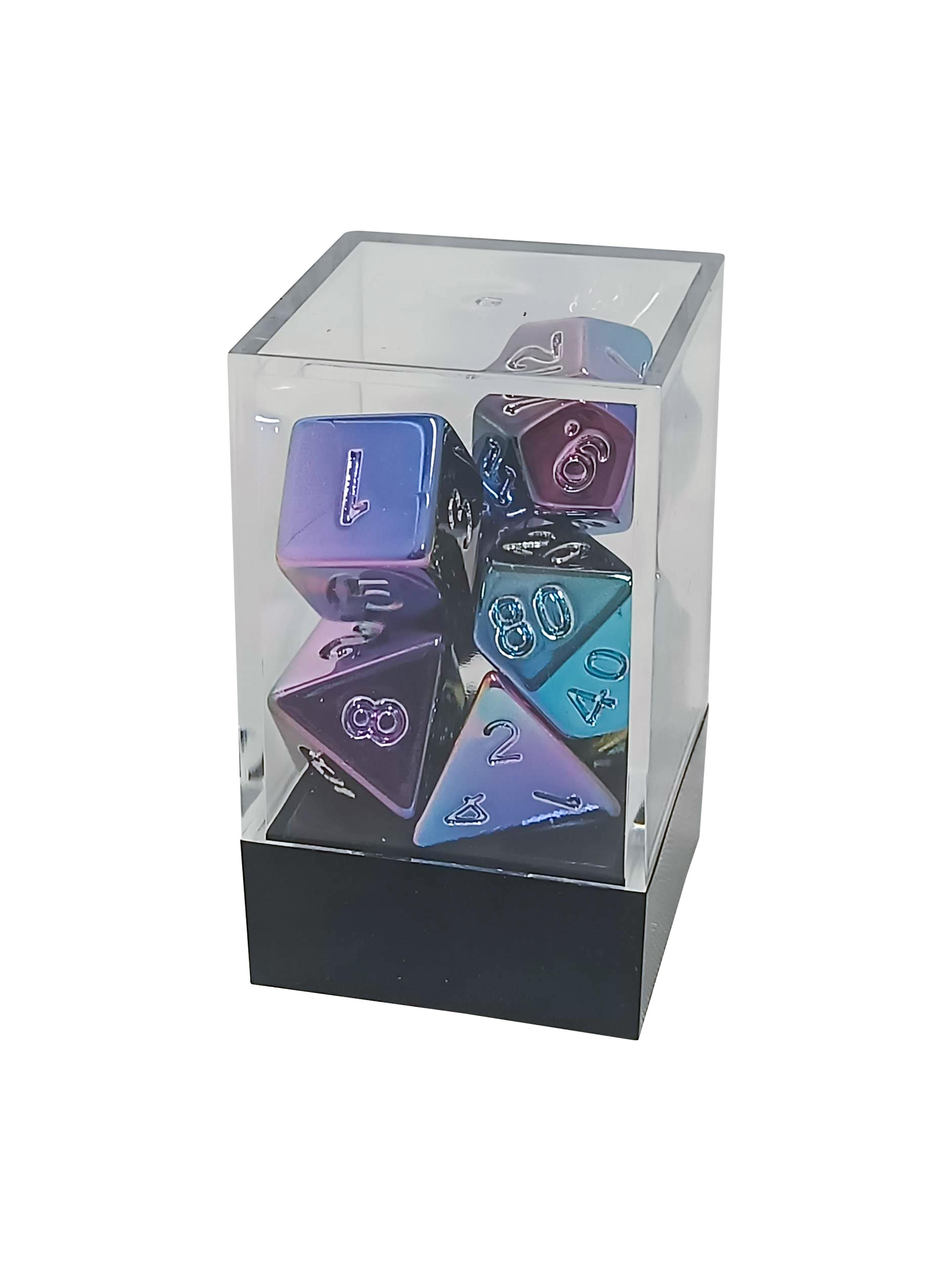Rainbow Metalic Polyhedral Dice Set & Acrylic Storage Box - Gifts for Geeks Leicester
