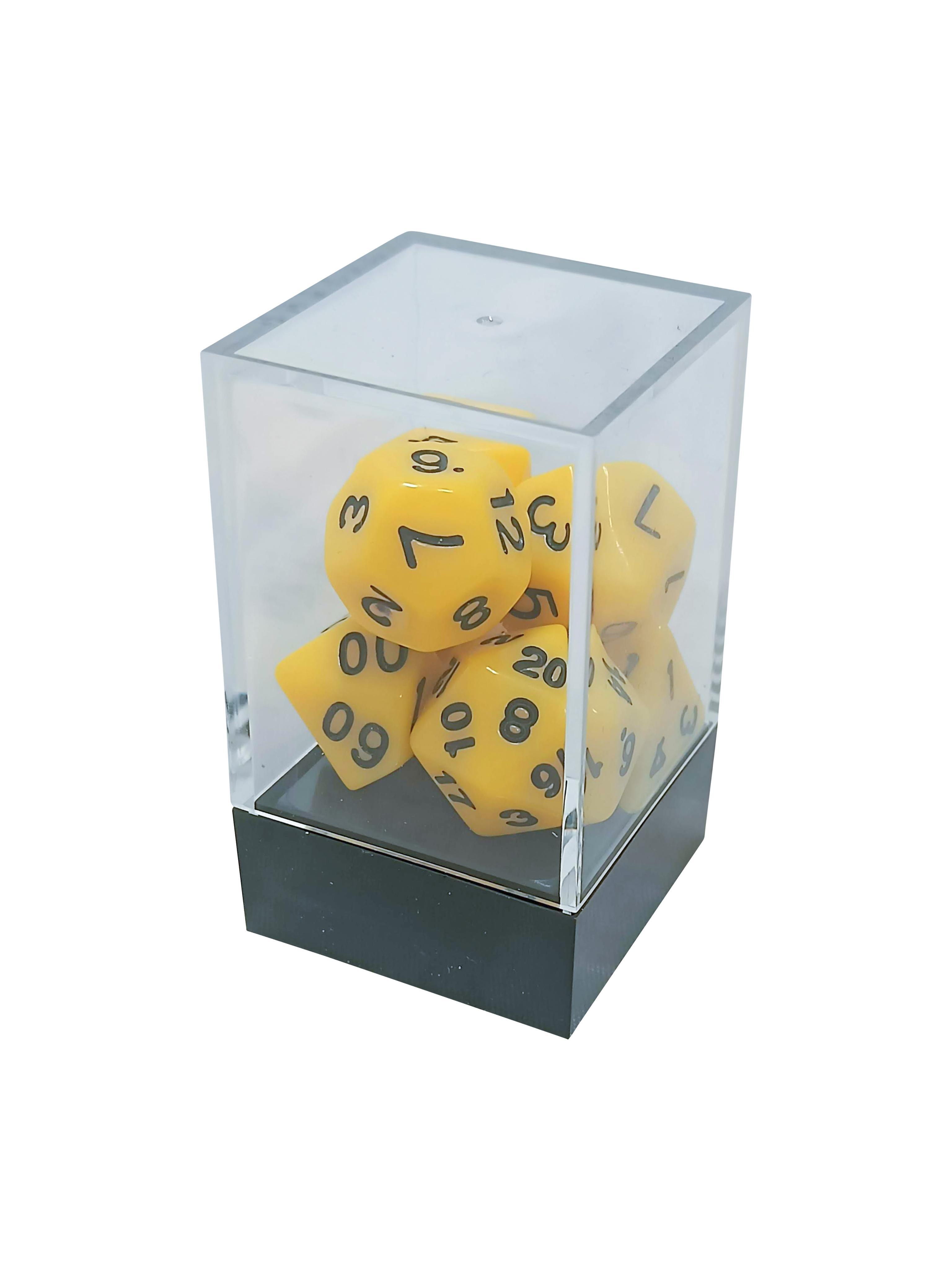 Yellow Opaque Polyhedral Dice Set with Black Numbers thumbnail