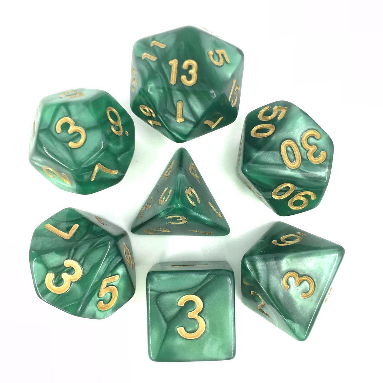 Green (Golden Font) Pearl Dice Set - Gifts for Geeks Leicester