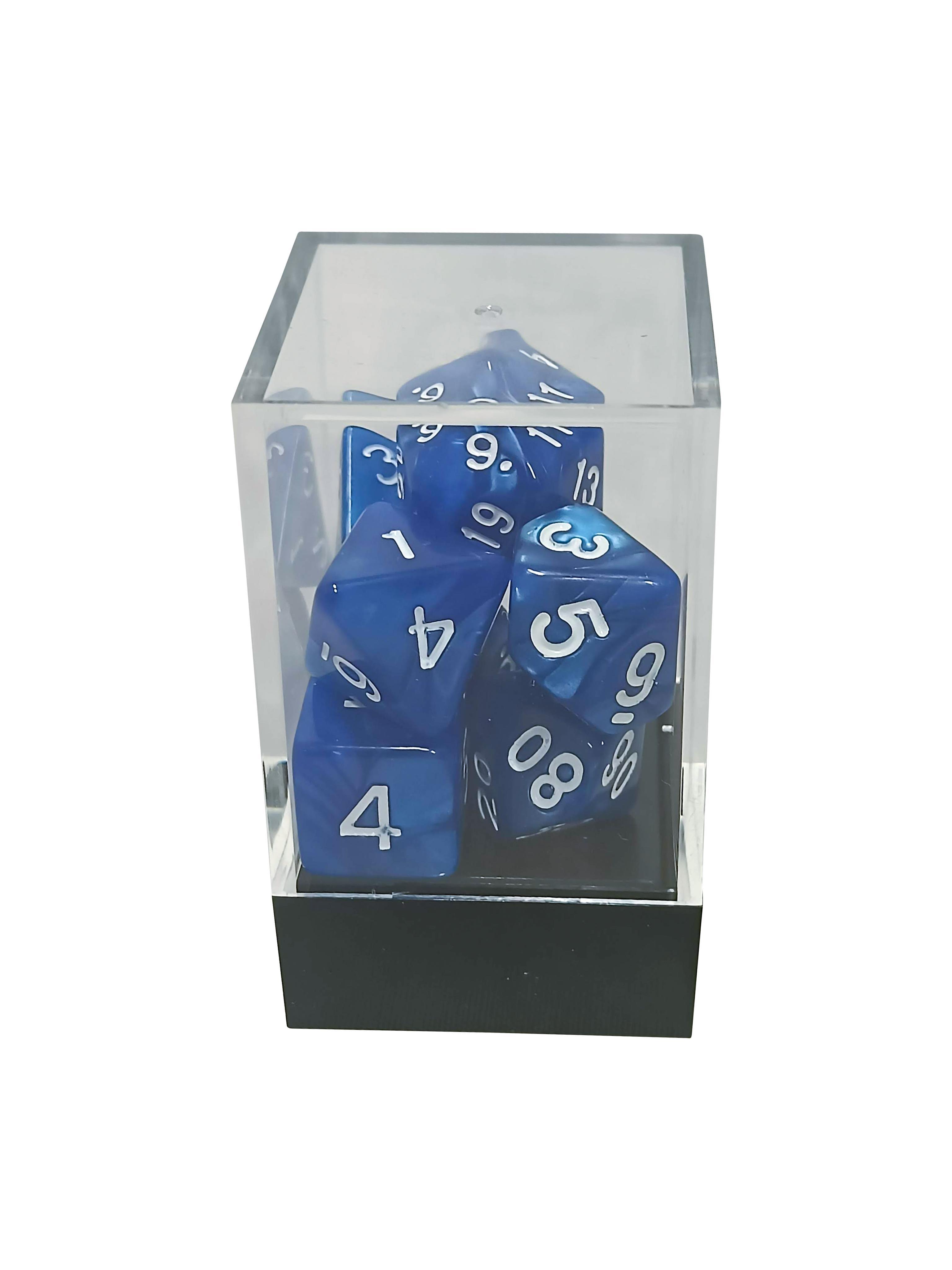 Blue Pearl Dice Polyhedral Set with White Numbers - Gifts for Geeks Leicester