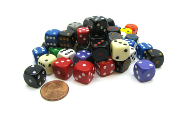 POLYHEDRAL 12MM D6 W/PIPS DICE: BAG OF 50 ASSORTED: OPAQUE - Gifts for Geeks Leicester
