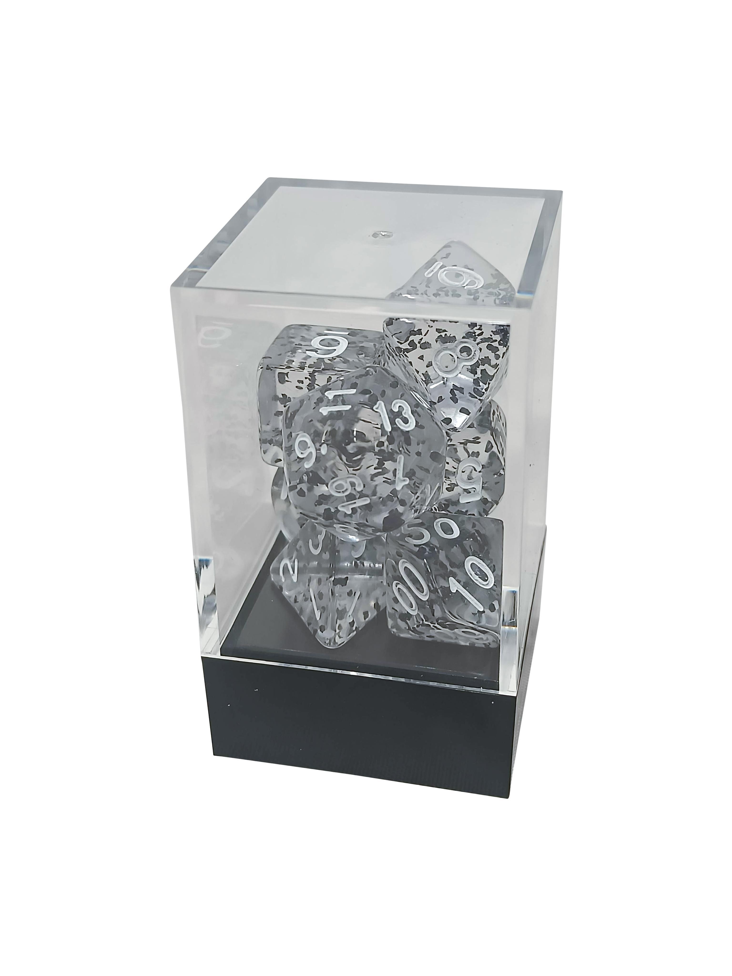 Transparent Speckled Black Polyhedral Dice Set with White Numbers thumbnail