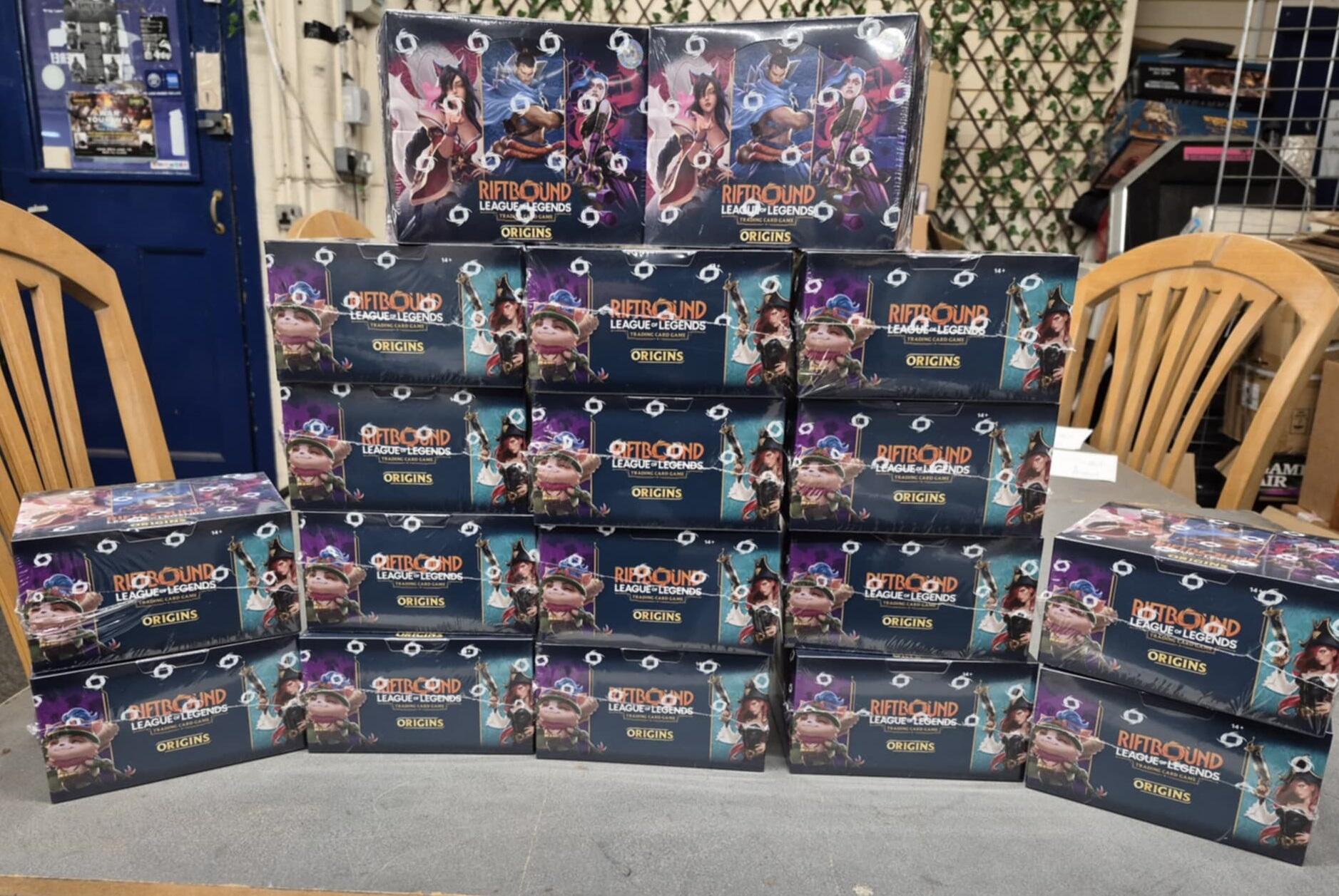 Stack of Riftbound League of Legends Origins TCG Booster Boxes at Gifts for Geeks retail store.