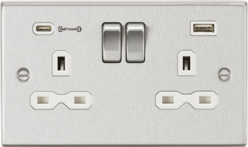 13A 2G DP Switched Socket with Dual USB Charger (Type-C FASTCHARGE port) - Brushed Chrome/White