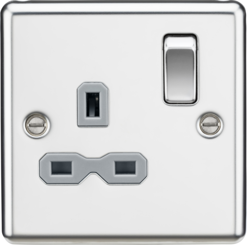 13A 1G DP Switched Socket with Grey Insert - Rounded Edge Polished Chrome