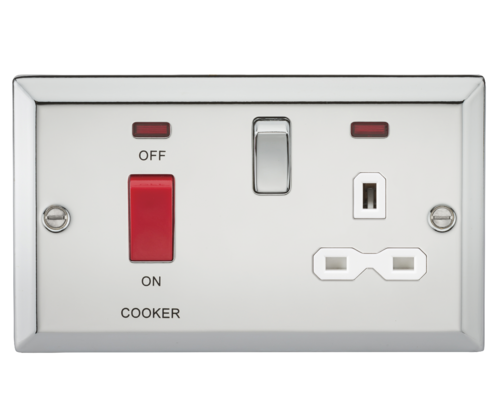 45A DP Cooker Switch & 13A Switched Socket with Neons & White Insert - Bevelled Edge Polished Chrome