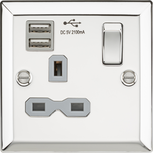 13A 1G Switched Socket Dual USB Charger Slots with Grey Insert - Bevelled Edge Polished Chrome