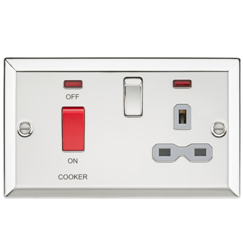 45A DP Cooker Switch & 13A Switched Socket with Neons & Grey Insert - Bevelled Edge Polished Chrome
