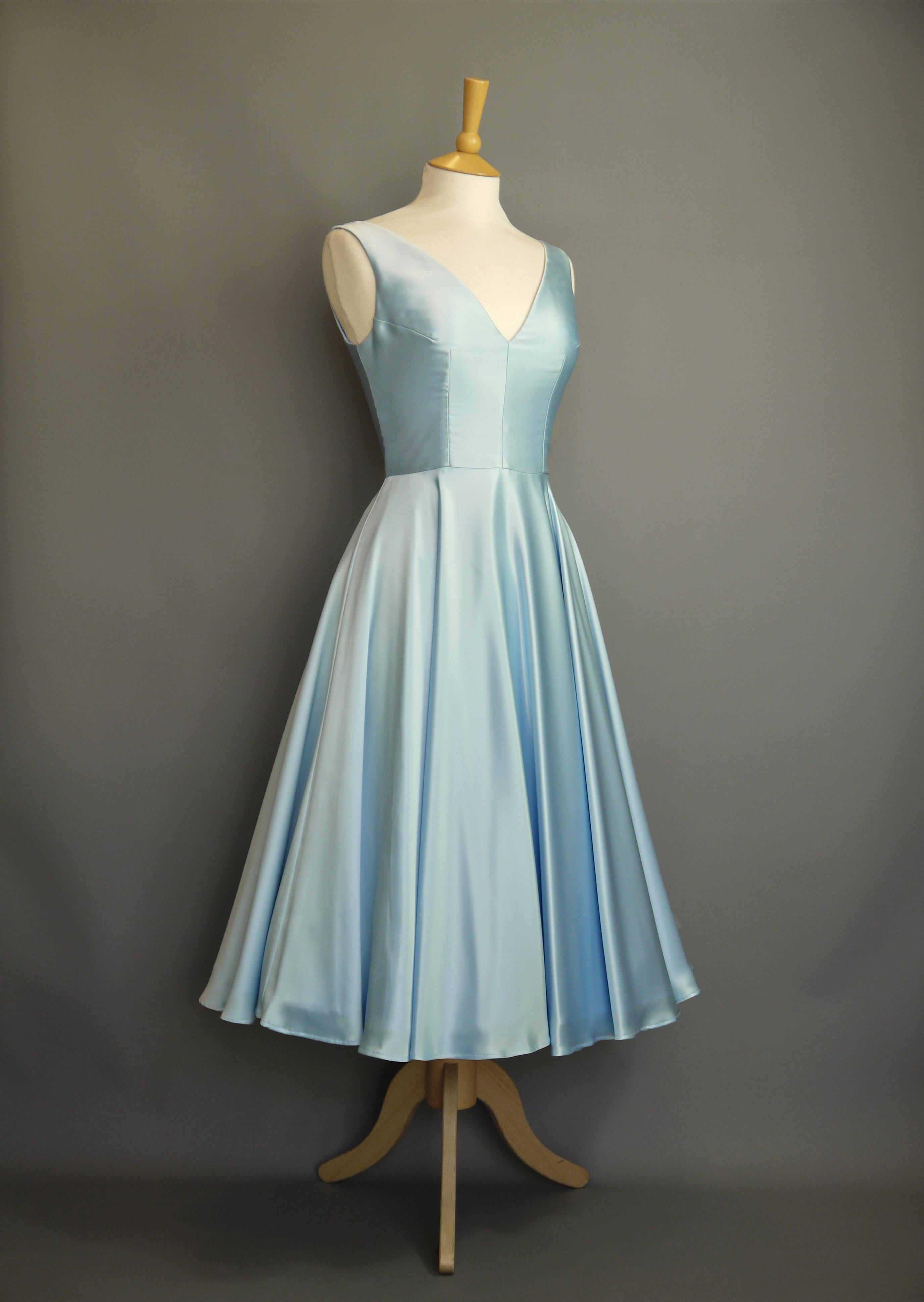 Powder Blue Satin V- Neck Bodice Swing Dress with 1950's Skirt