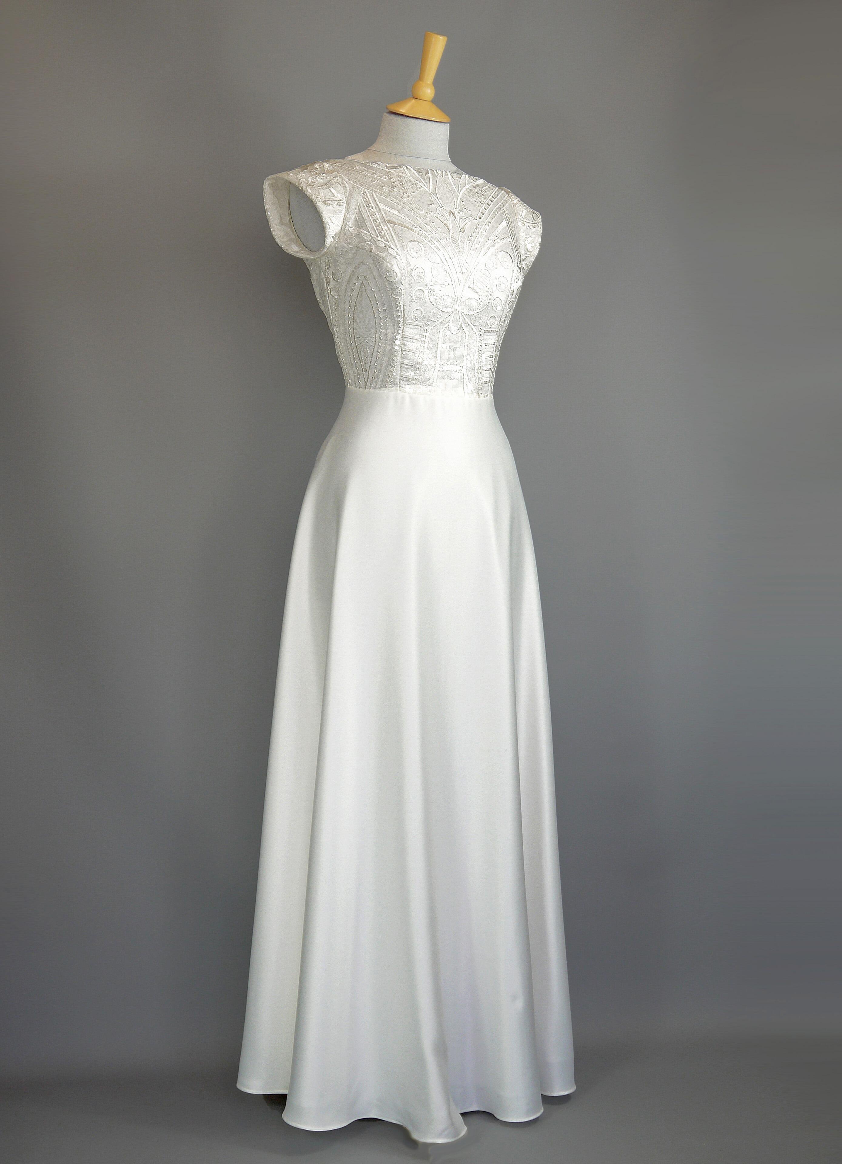 Gatsby Wedding Gown in Ivory Satin Art Deco Lace