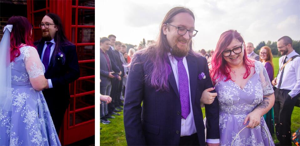 alternative plus size bride wearing bespoke lavender lace wedding dress made by Dig For Victory