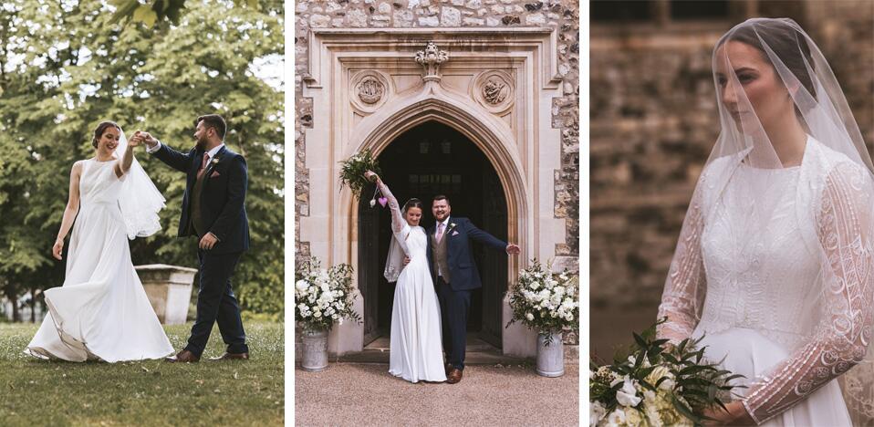 stylish real bride Cerys in her bespoke Dig For Victory wedding dress and art deco lace bolero