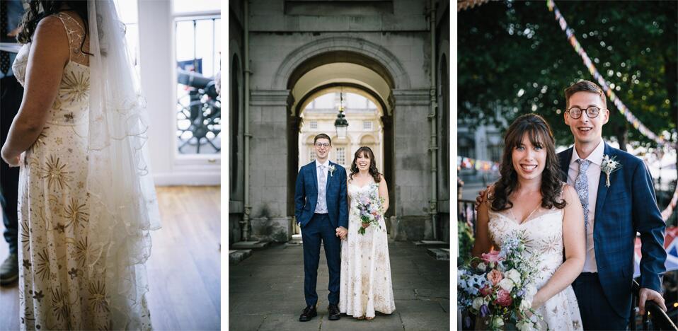beautiful real bride wearing full length gold star and moon sequin lace wedding dress