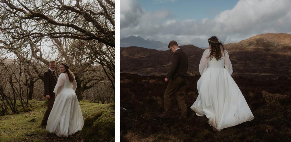 real bride walking through rugged landscape wearing custom romantic medieval style wedding dress