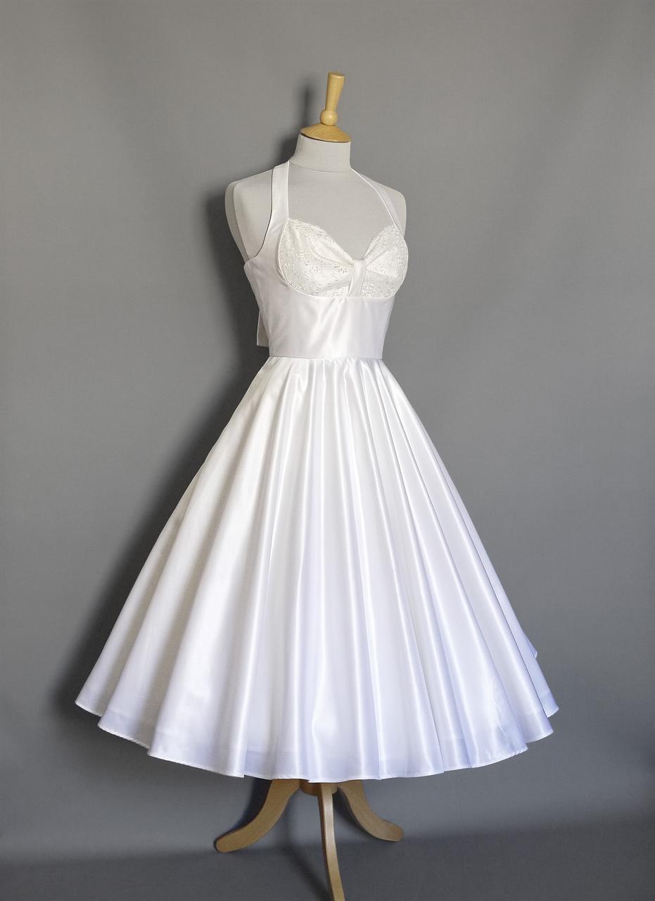 Marilyn Fifties Wedding Dress in Pearl Vintage Satin with Tea Length ...
