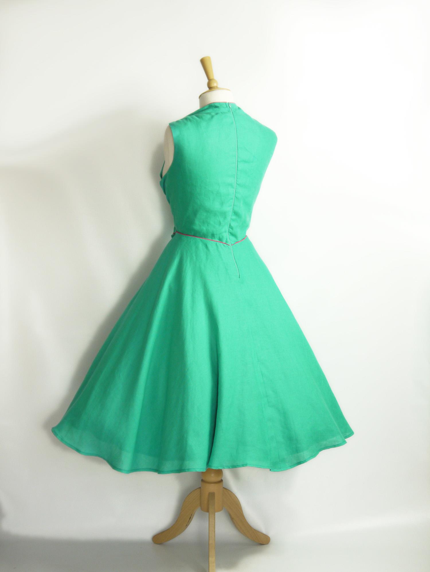 Size UK 20 - Jade Green Linen Bustier Swing Dress with Circle Skirt