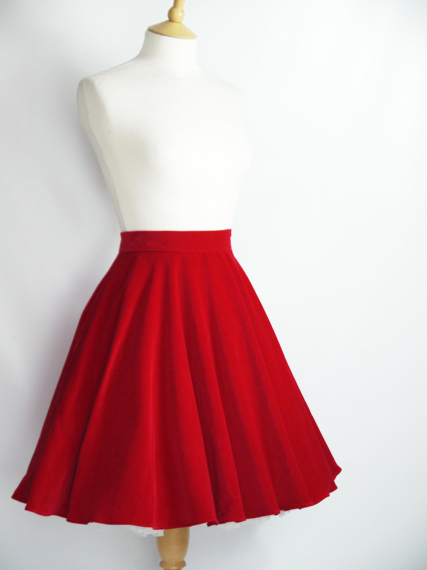 Size UK 8 - Scarlet Red Cotton Velvet Skater Length Circle Skirt