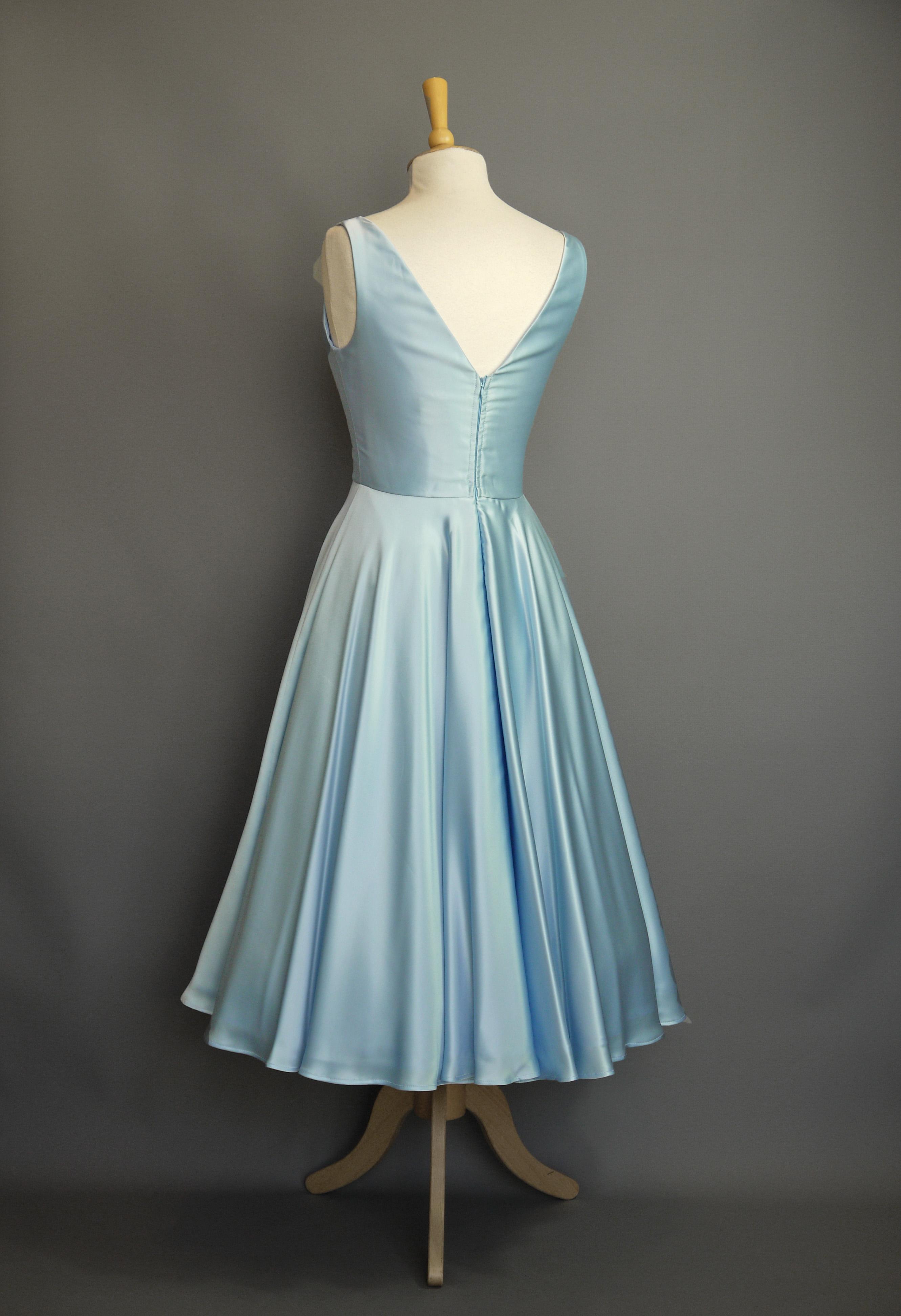 Powder Blue Satin V- Neck Bodice Swing Dress with 1950's Skirt