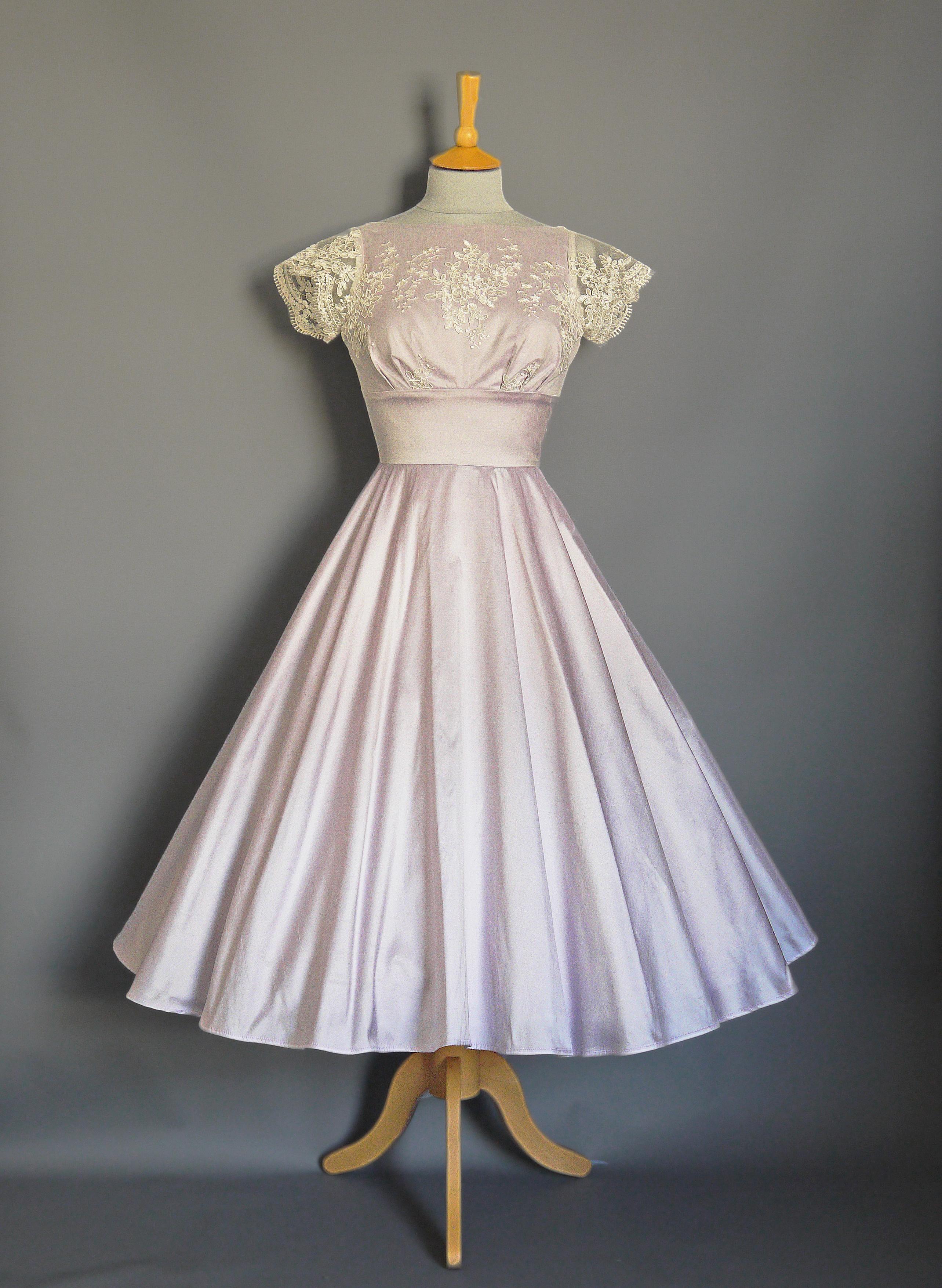Size UK 8 - Anna Dress in Frosted Lilac Silk Taffeta and Enchanted Lace