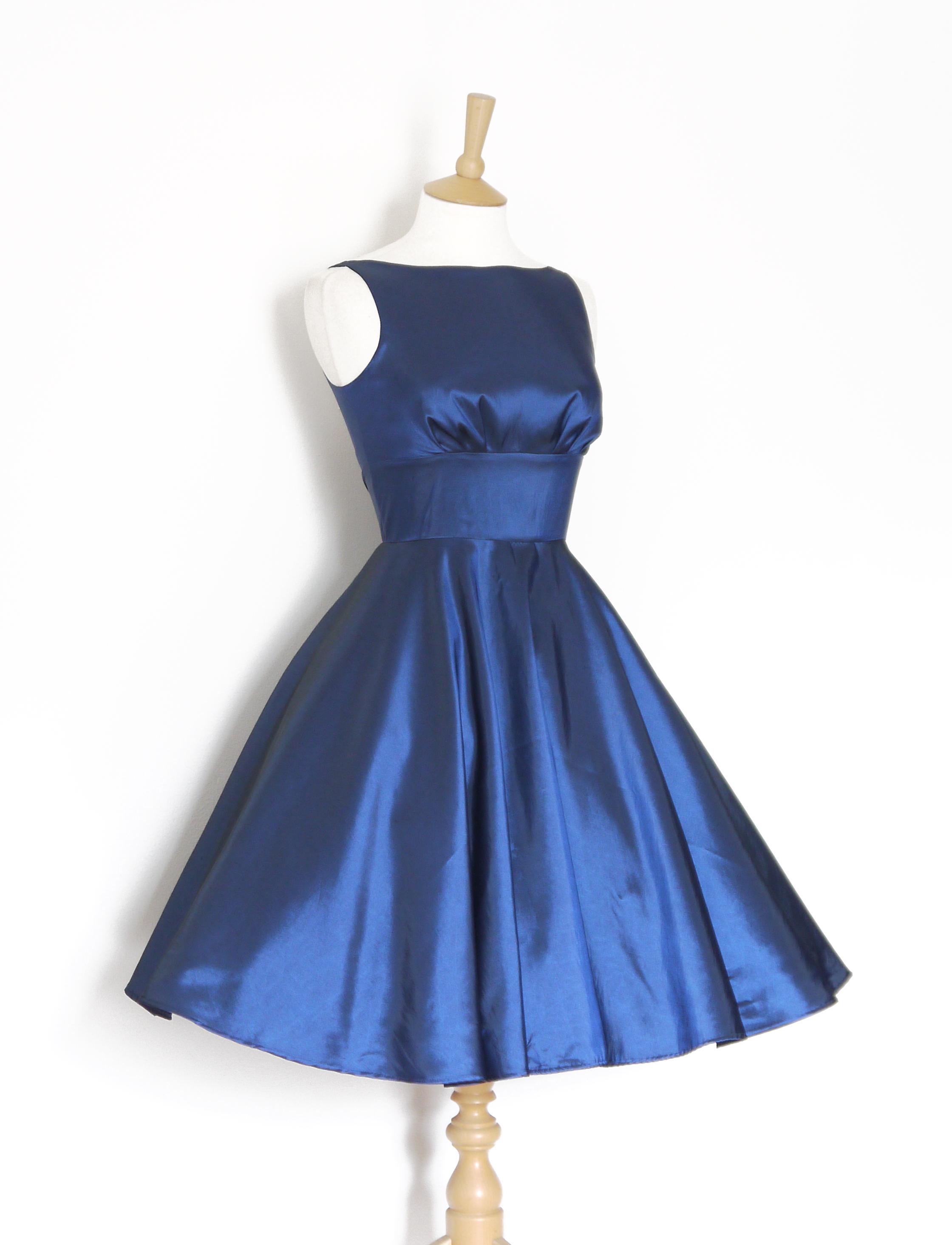 Size UK 14 - Midnight Blue Taffeta Tiffany Swing Dress - Tea Length