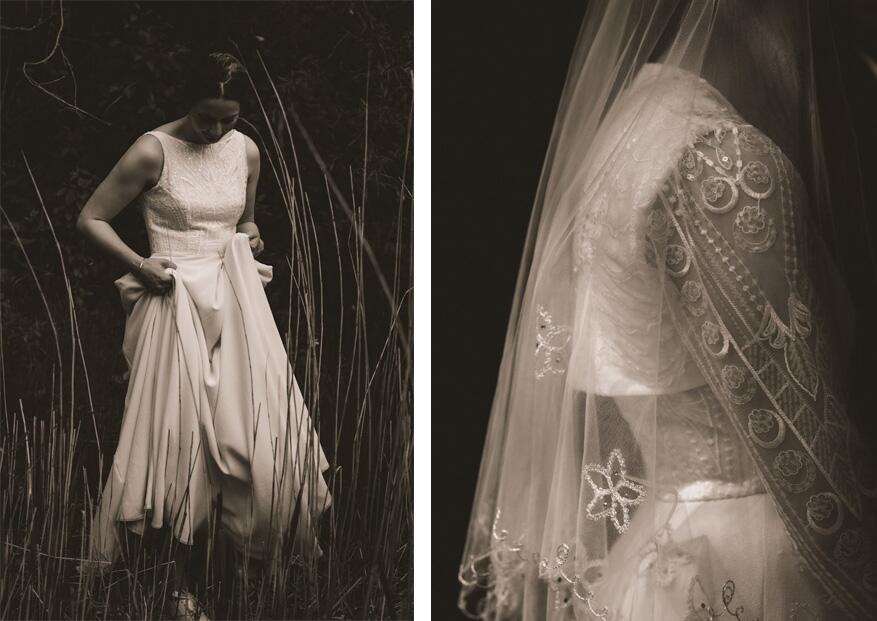 two stylish black and photographs of stunning real bride Cerys in her bespoke Dig For Victory wedding dress