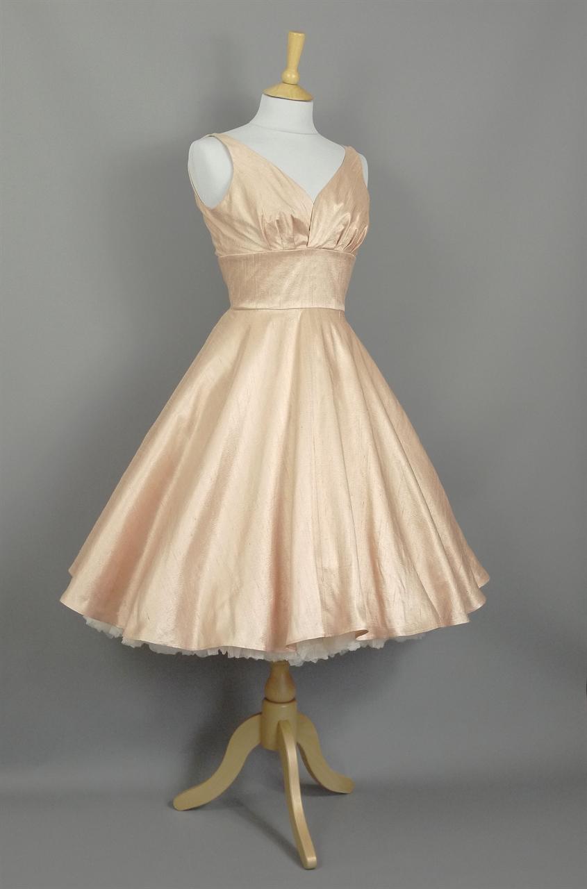 Pink Champagne Silk Dupion Sweetheart Swing Dress with Fifties Full Skirt