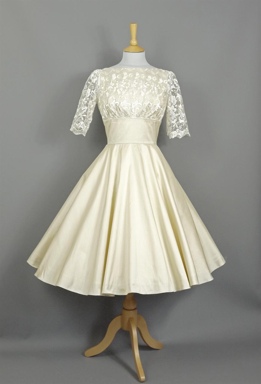 Holly Fifties Style Wedding Dress in Champagne Silk & Bluebell Lace ...