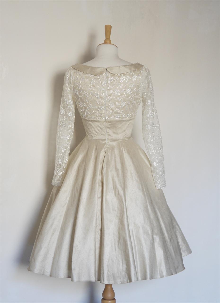 Eliza Champagne Silk Wedding Dress with Fifties Full Skirt & Lace Sleeves