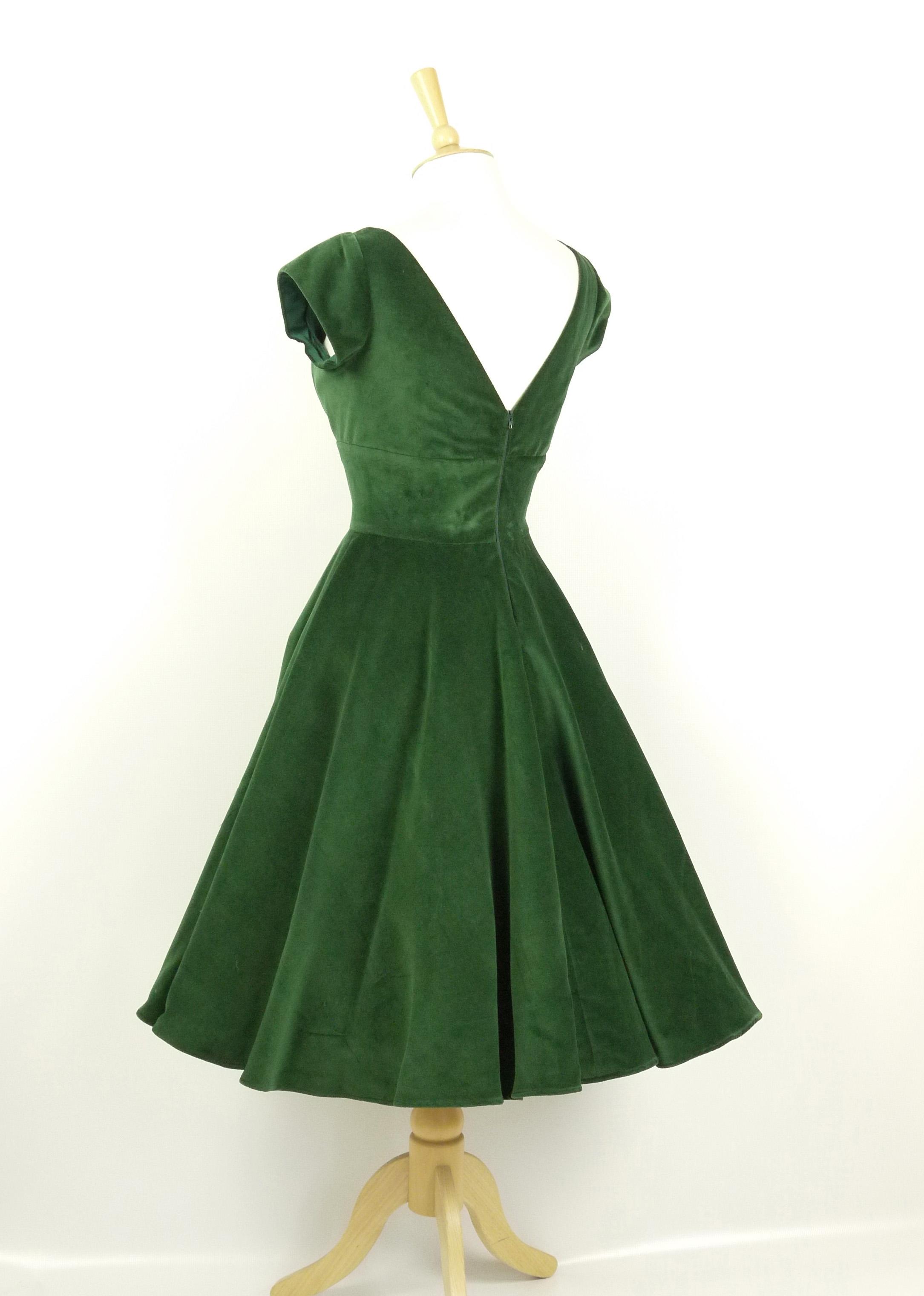 Emerald Green Velvet Tiffany Evening Dress with Circle Skirt & Cap Sleeves