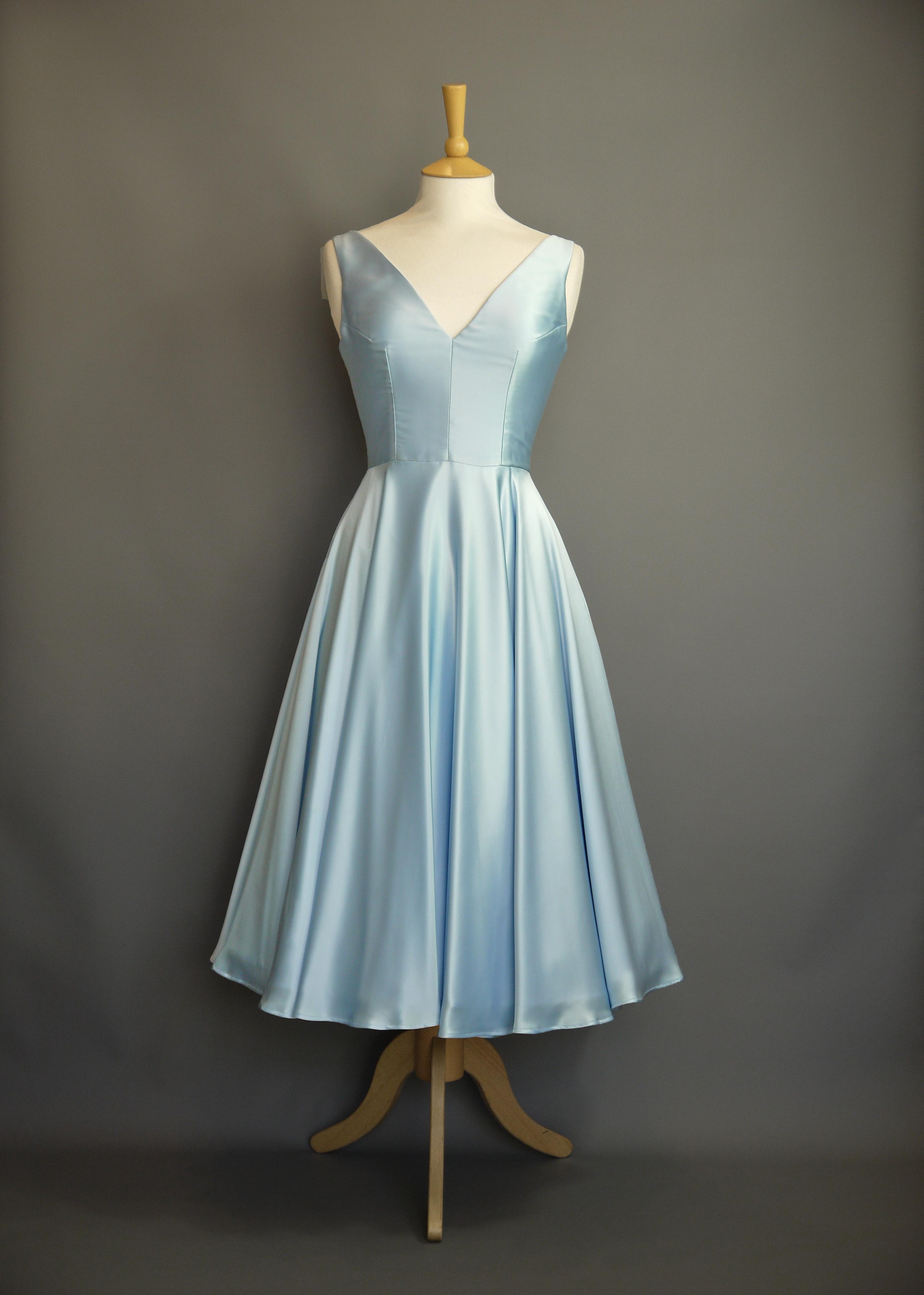 Size UK 8 - Powder Blue Vintage Satin V Neck Swing Dress