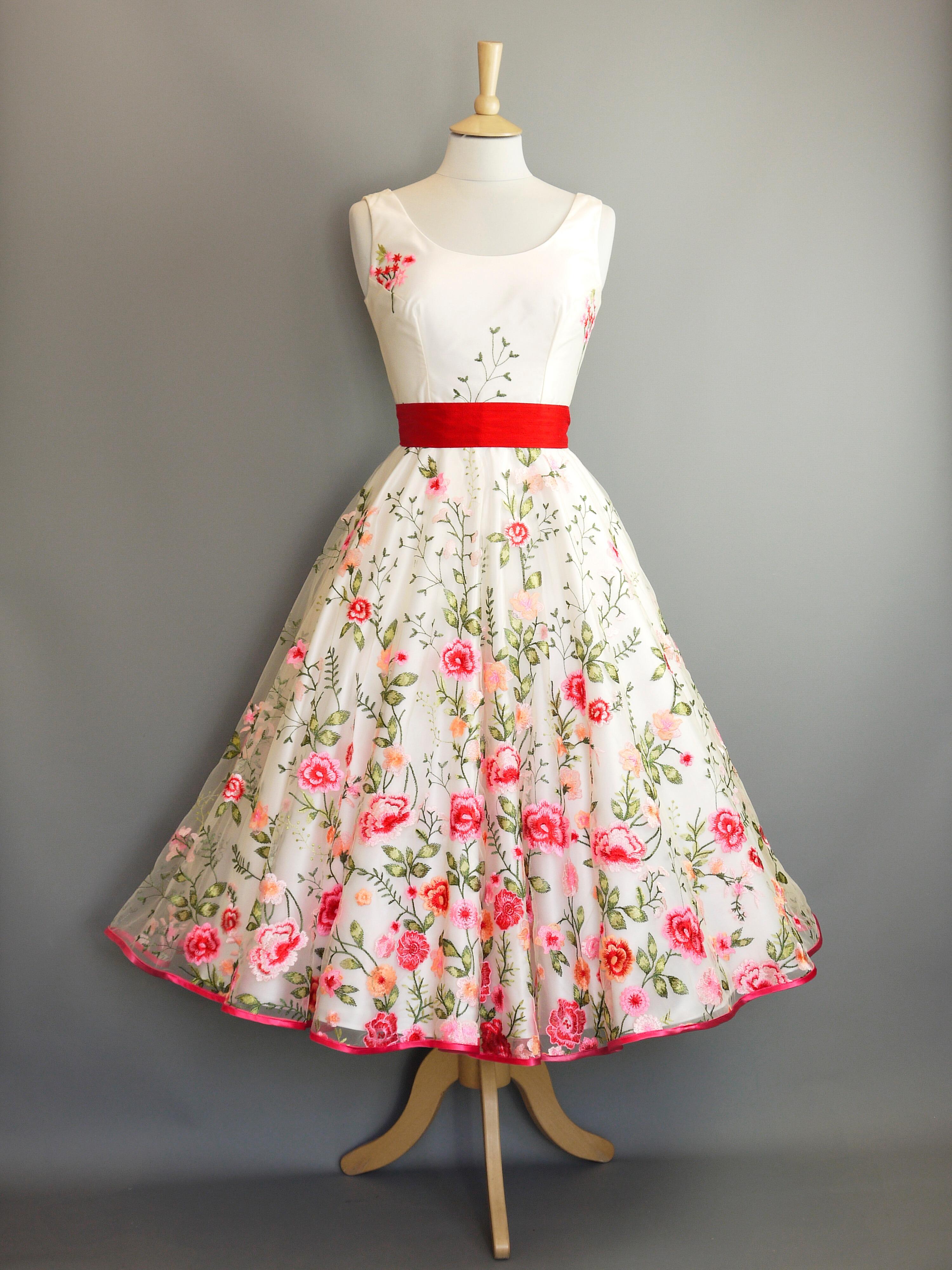 Pink & Red Dahlia Lace with Vintage Satin Tea Length 1950s Wedding Dress