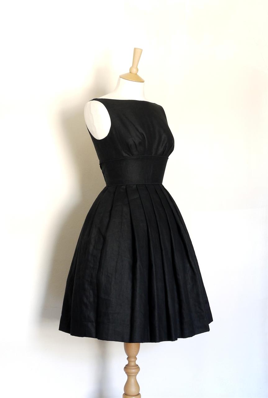Black Linen Fifties Tiffany Dress with Full Pleated Skirt