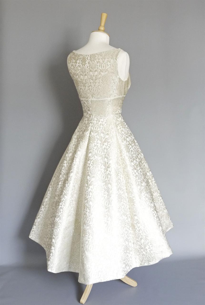 Maria Wedding Dress in Silver & Pearl Brocade with Dip Hem
