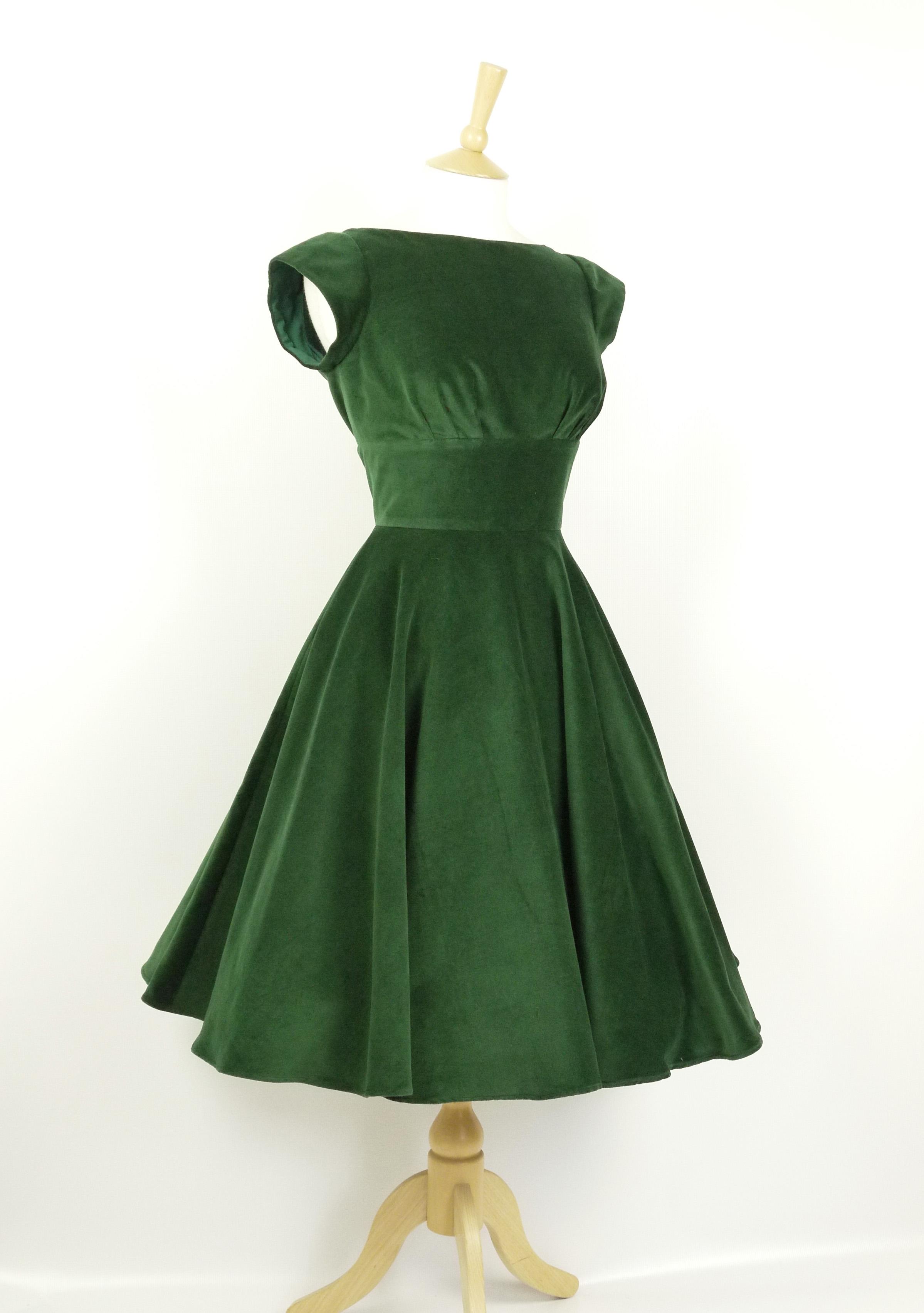 Emerald Green Velvet Tiffany Evening Dress with Circle Skirt & Cap Sleeves