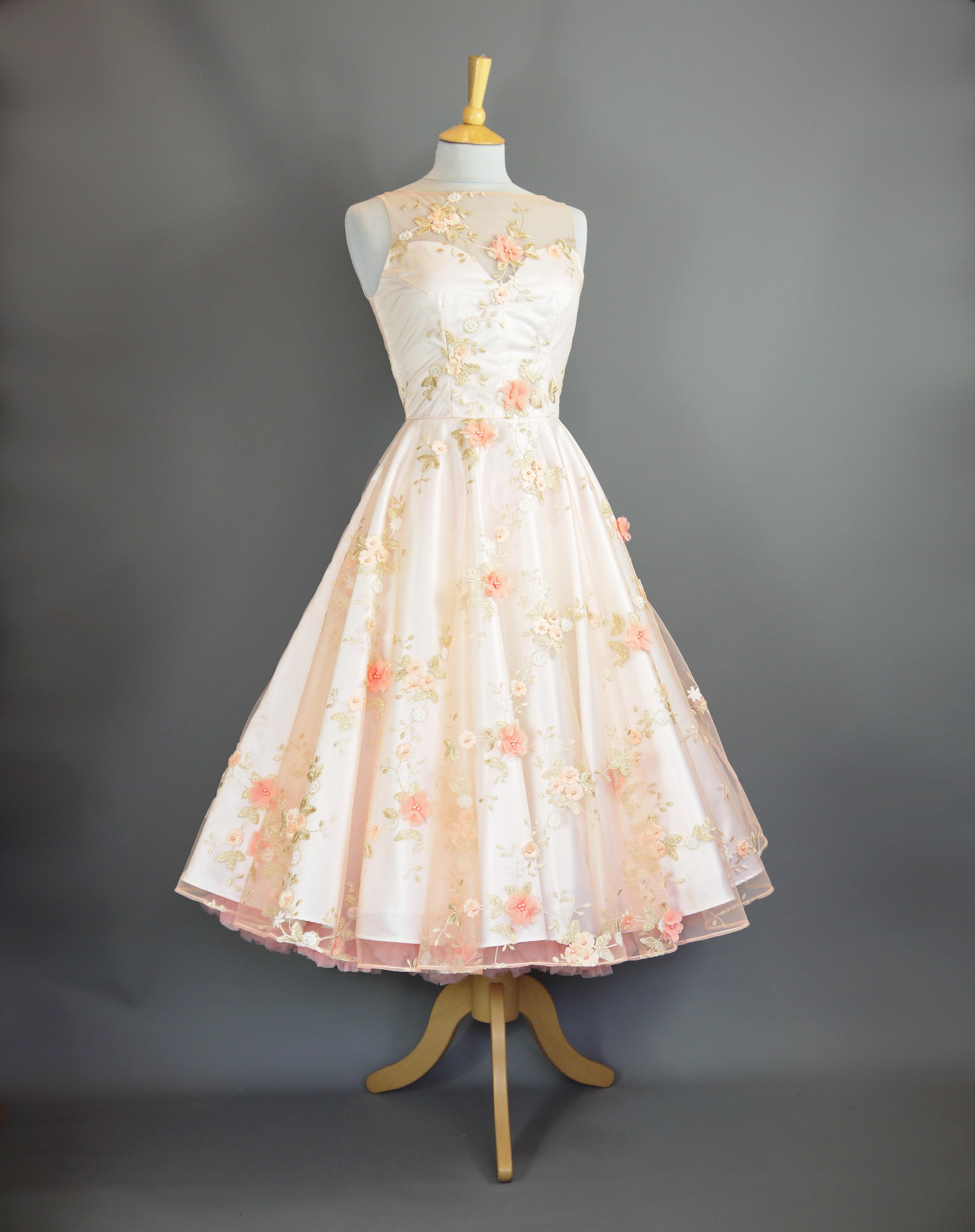 Blush Pink & Gold 1950s Floral Wedding Dress in Vintage White Satin