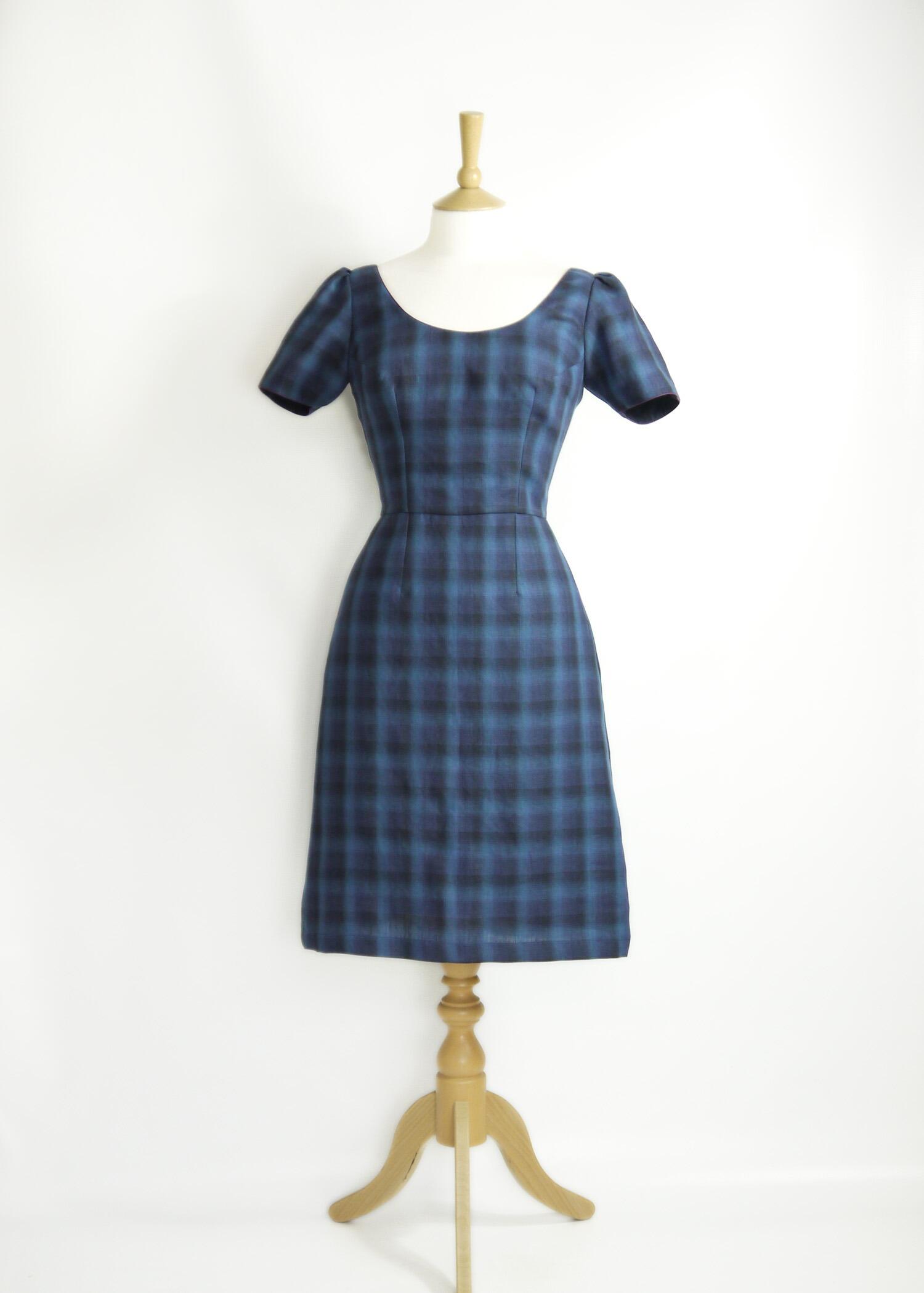 blue dress for baby girl 1980s Norma Walters Blue & Black Plaid Wool Vintage Dress – Modig main image 0