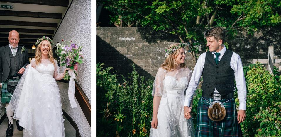 beautiful real bride wearing bespoke 3D lace wedding dress made by Dig For Victory