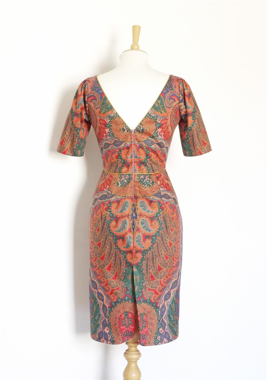 Jewel Paisley Print Pencil Dress with Bateau Neck & Sleeves