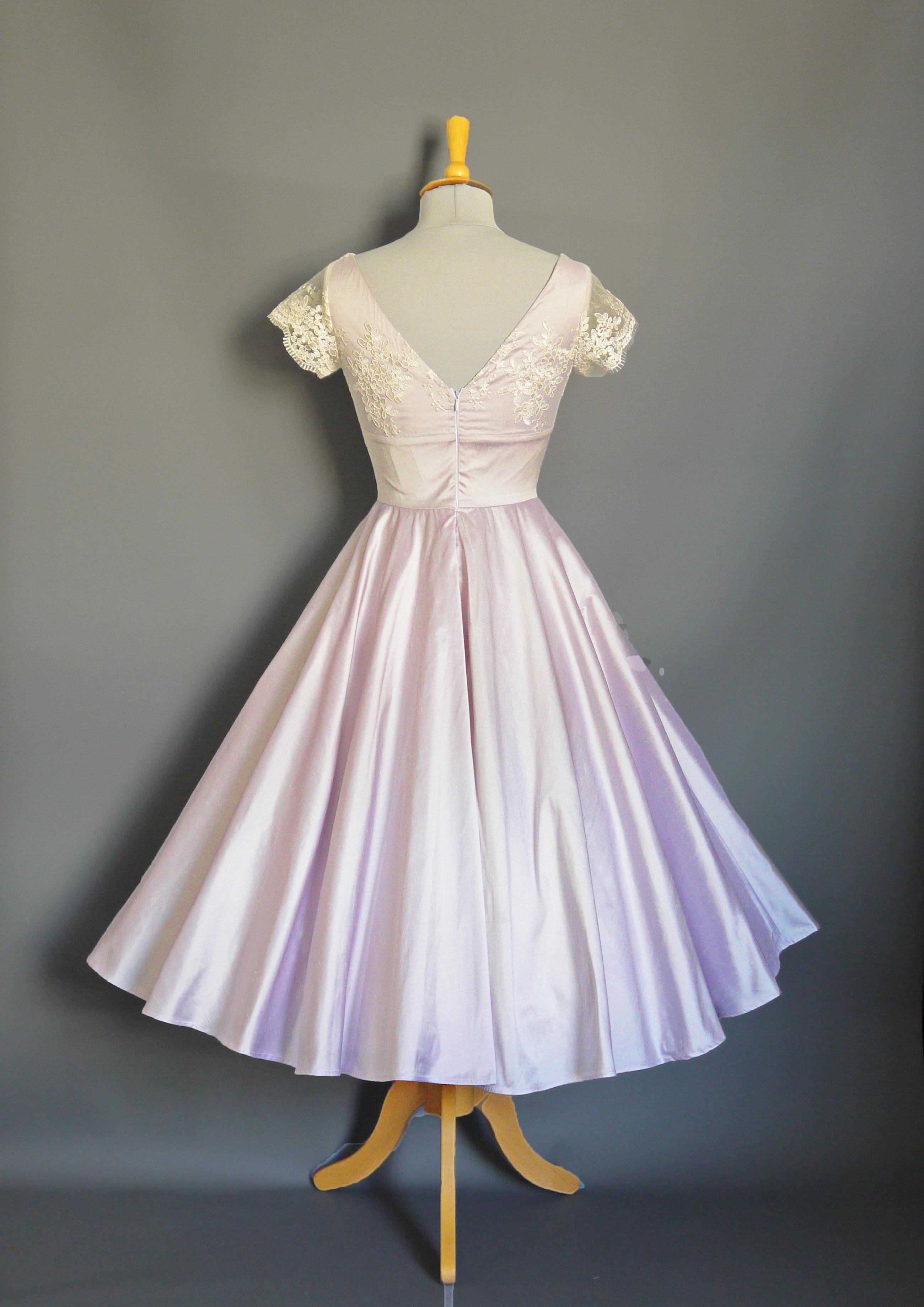 Size UK 8 - Anna Dress in Frosted Lilac Silk Taffeta and Enchanted Lace