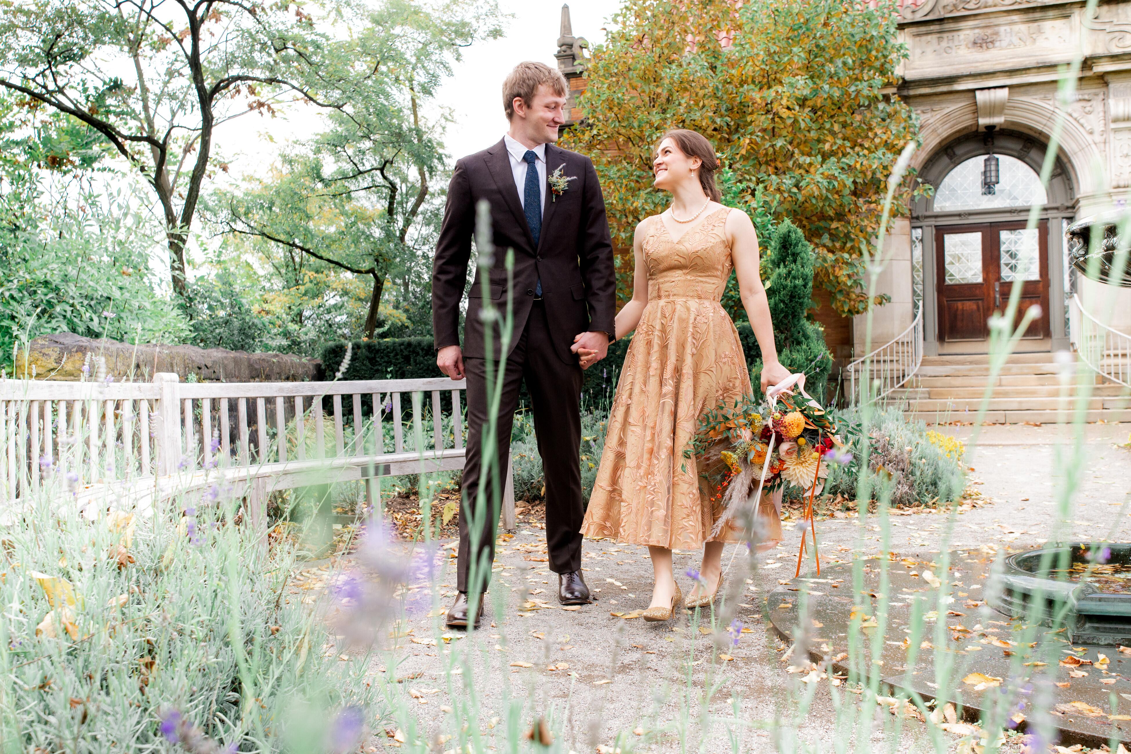 real life bride in tea length gold lace Dig For Victory wedding dress