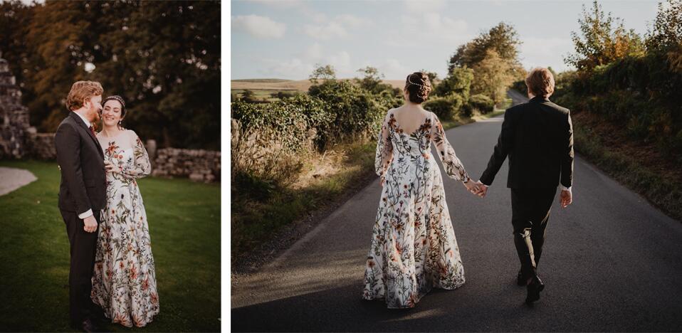 stunning real bride wearing bespoke full length wedding dress made from autumnal coloured floral lace