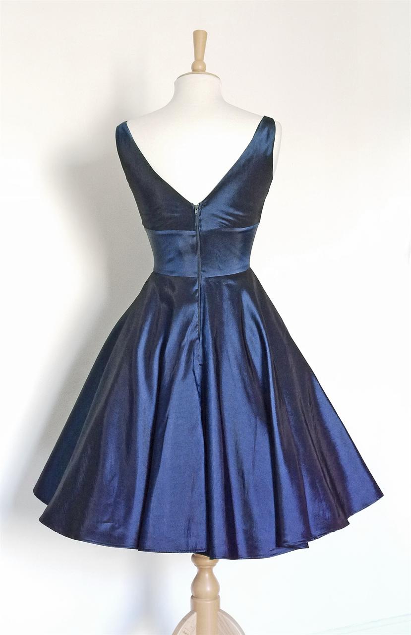 Midnight Blue Taffeta Sweetheart Swing Dress with Retro Full Skirt